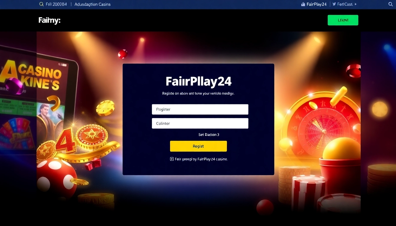 Easy FairPlay24 register process illustration with user interface elements and gambling icons