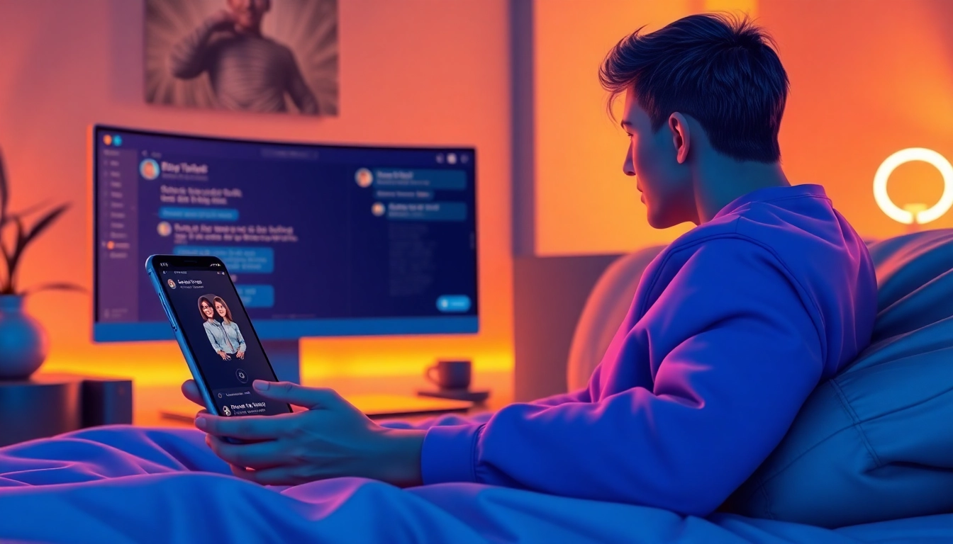 An illustration of a person interacting with a customizable AI character on a smartphone and desktop, in a cozy, neon-lit room, highlighting the digital conversation experience.