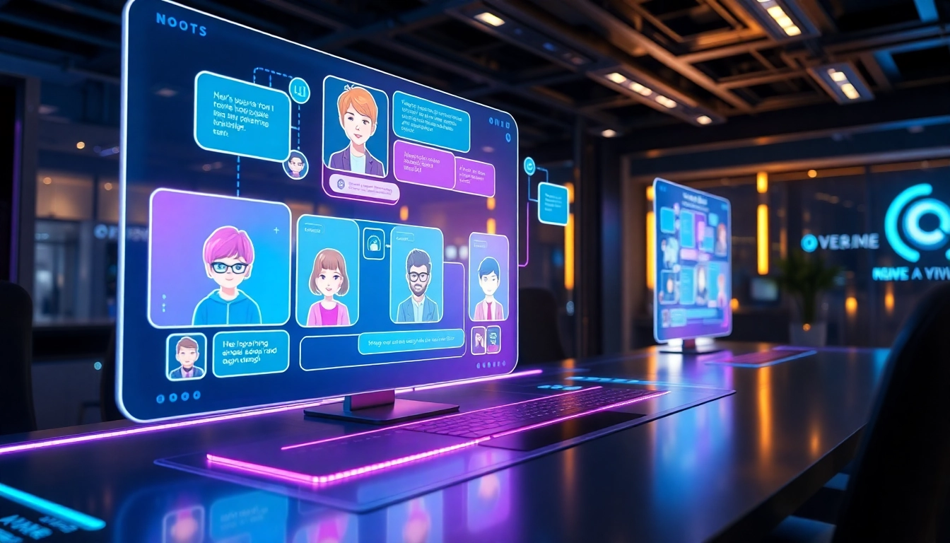 An illustration of a high-tech digital workspace with holographic AI characters and interactive screens in a futuristic environment.