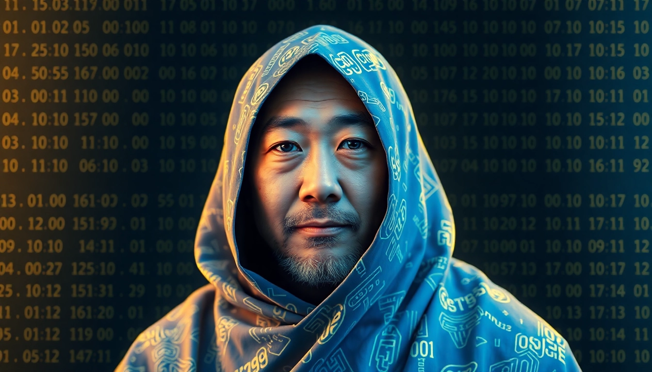 Satoshi Nakamoto, the mysterious creator of Bitcoin, depicted in a digital artistic style symbolizing cryptography and innovation for accessibility and intrigue.