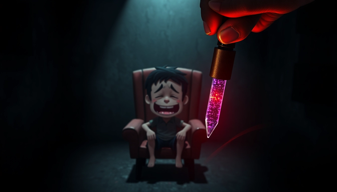 A distressed Harvey with a sinister tool hovering over him in a dark, gritty room, highlighting the game's disturbing atmosphere.