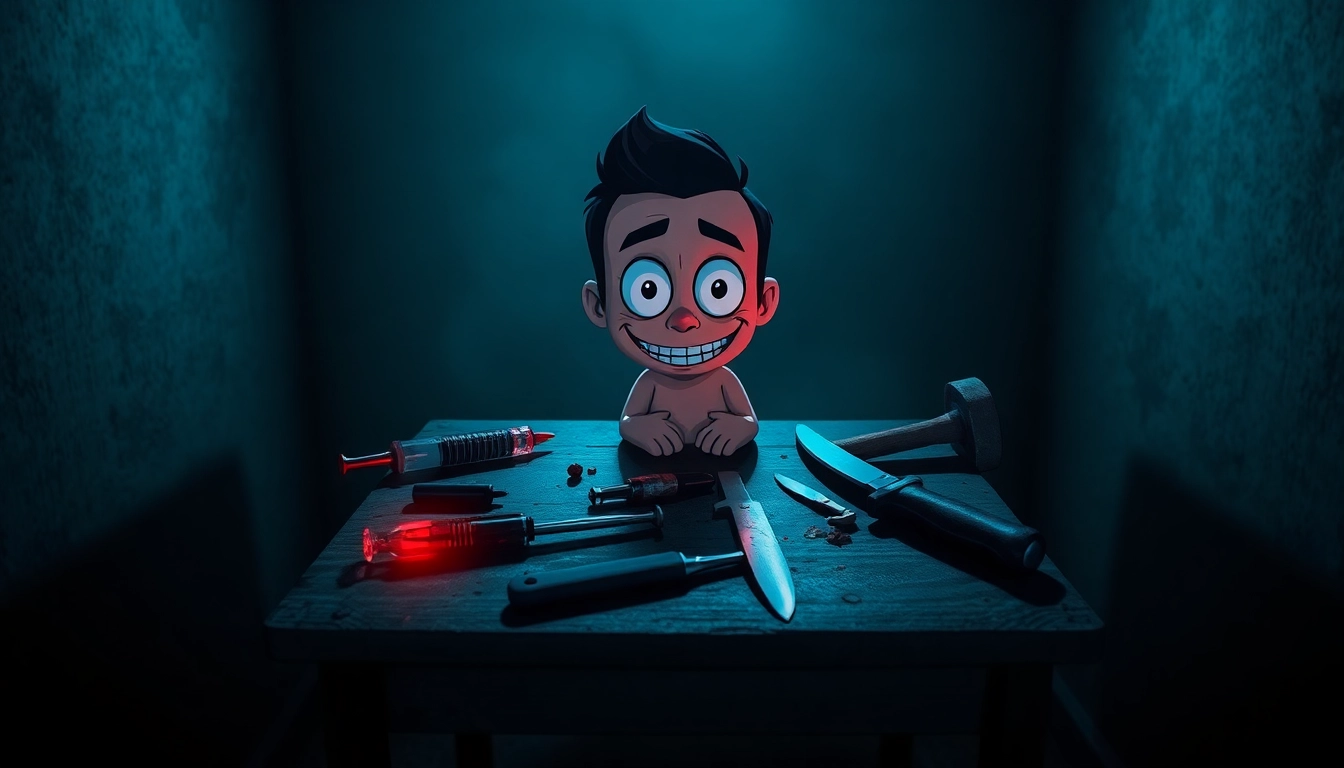 An unsettling scene of Harvey, a cheerful cartoon character, surrounded by violent tools in a dimly lit room, evoking a sense of moral horror and psychological tension.
