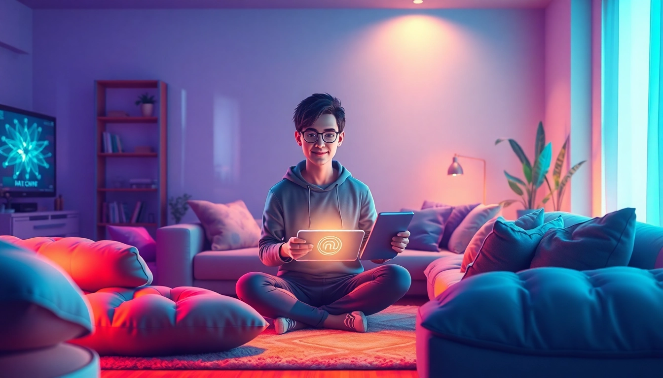 A person interacting with a holographic AI character in a cozy, modern living room with vibrant colors and futuristic design elements.
