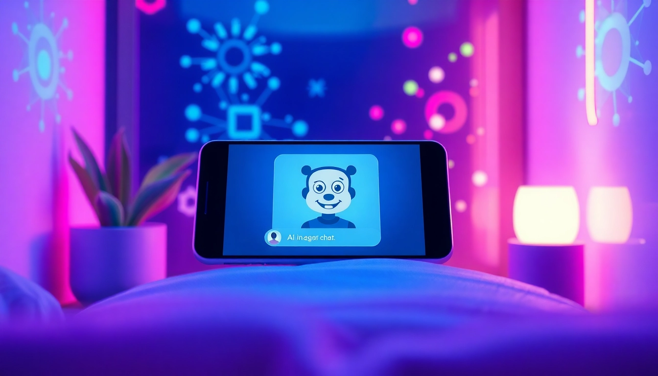 Futuristic chat interface with friendly AI character in a cozy, neon-lit digital environment.