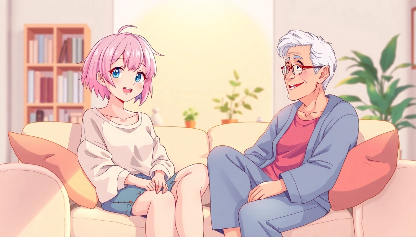 An anime-style scene of a confident femboy and a nurturing adult in a cozy, well-lit living room, engaging in friendly conversation.