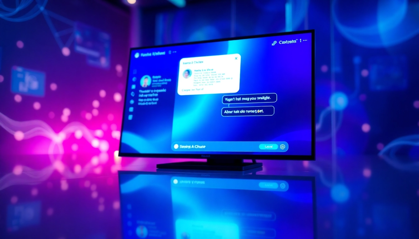 Close-up of a digital chat interface on a modern screen with colorful, glowing elements and abstract tech background.