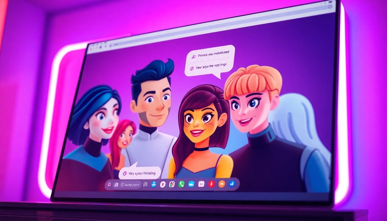 A futuristic chat interface with animated AI characters engaging in flirtatious conversation in a neon-lit environment.