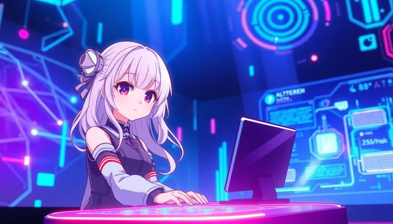 Futuristic anime-inspired AI chatbot interface with a digital female character and glowing data streams