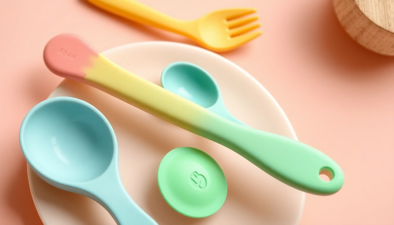 Baby feeding set for weaning with silicone utensils and accessories arranged neatly for easy
