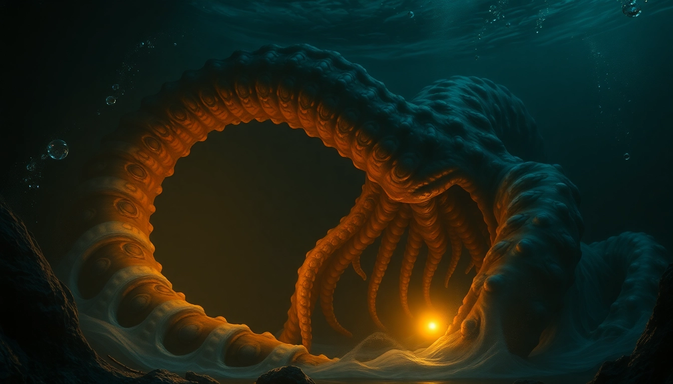 Kraken scene with a colossal tentacle rising from deep ocean depths, glowing eyes, and