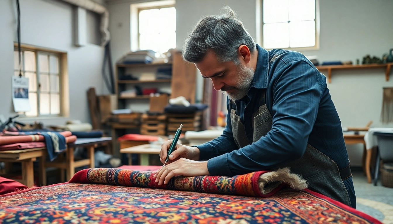 Expert Restauro Tappeti milano with artisan repairing vintage rugs in a detailed workshop setting