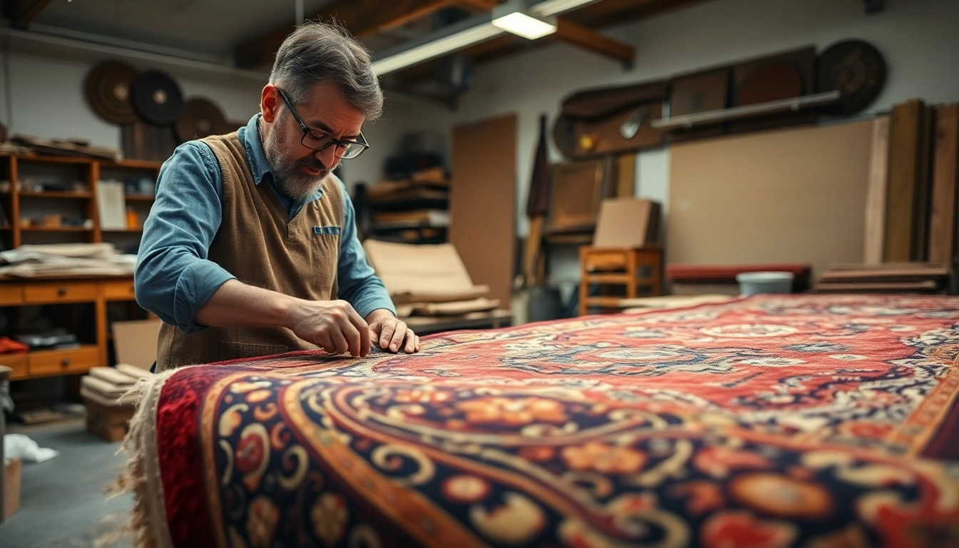 Expert restoring a beautiful Persian rug showcasing Restauro Tappeti milano with detailed