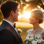 Professional eskuvo fotos capturing natural wedding moments outdoors with warm lighting for